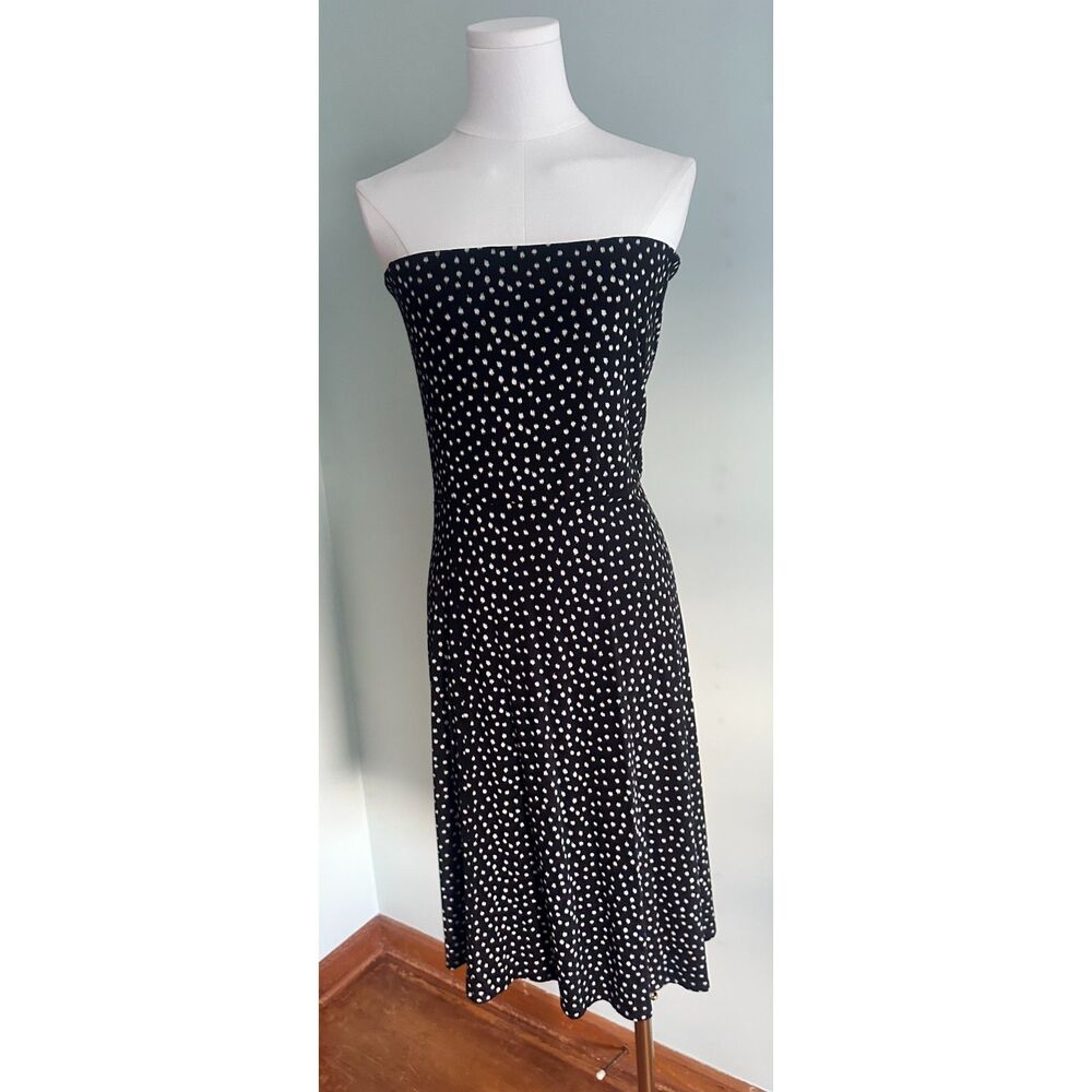 Ann Taylor M Bandeau/Strapless Black Polka White Brushed Dot Midi Dress